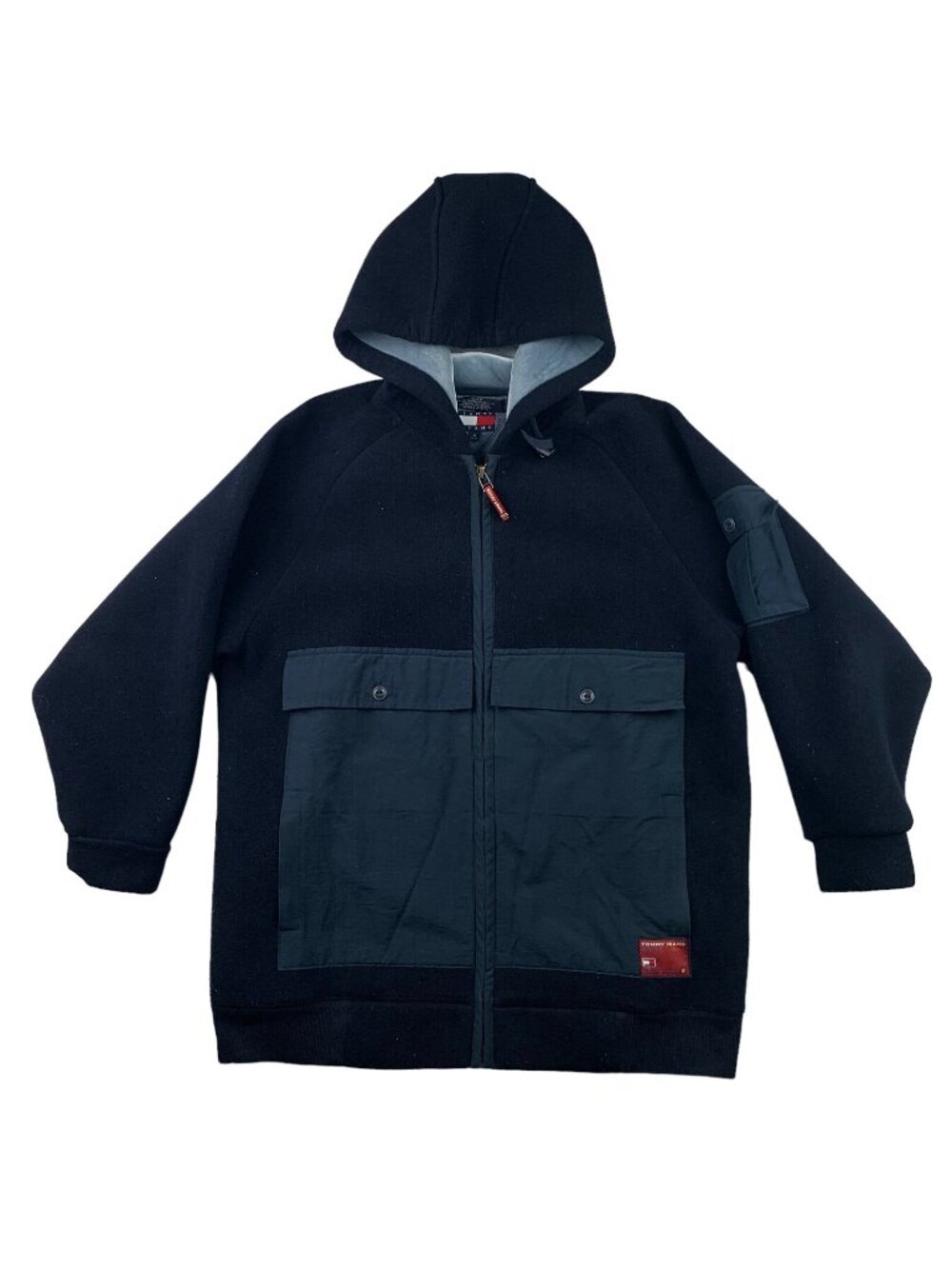 VTG Tommy Hilfiger Jeans Men’s Fleece Hooded Full Zip Cargo Jacket Blue • Medium